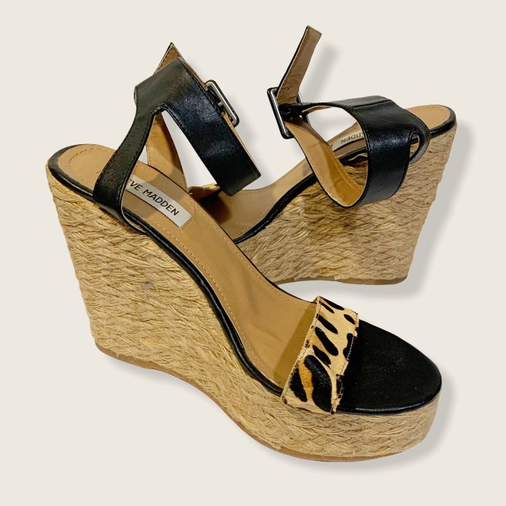 Steve Madden Size 10M Hamptin Espadrille Leopard‎ Animal Print Strappy Wedge
